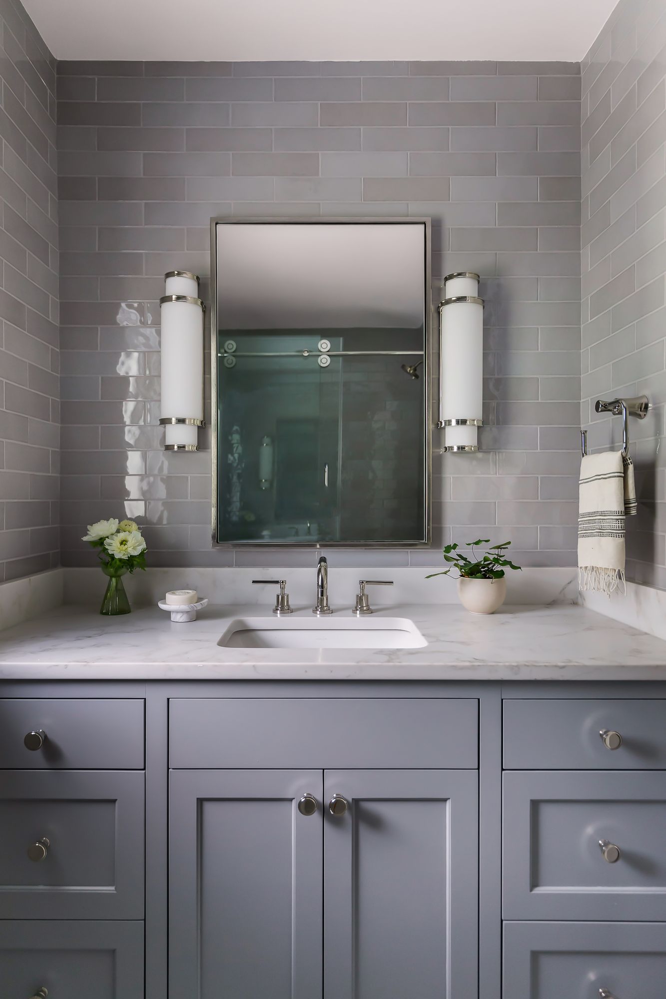 Gray vanity with marble top